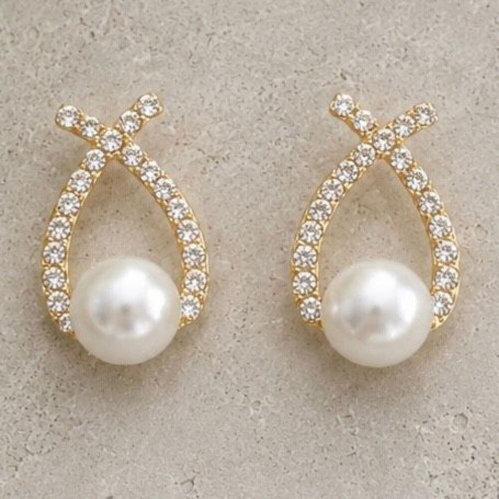 Criss Cross Faux Pearl & Crystal Earrings, Gold Tone